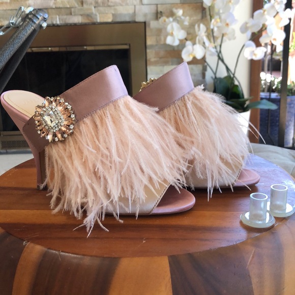 Super RARE! Zara High Heel Mules Feathers, Broach - Picture 1 of 7